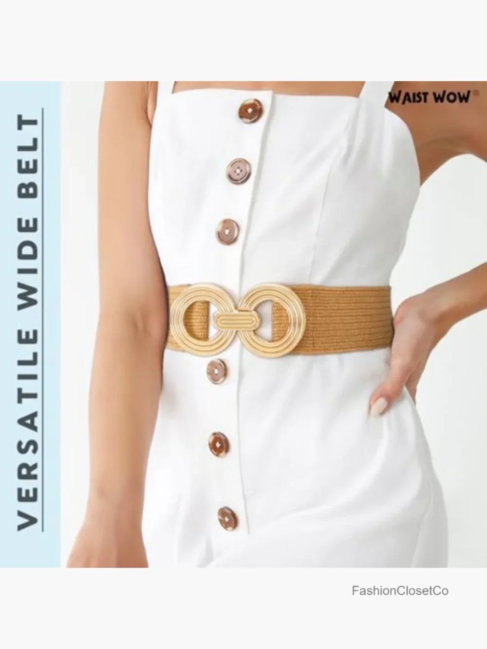 Straw Woven Elastic Belt with Gold Buckle Stretchy Wide Boho Dress Belt